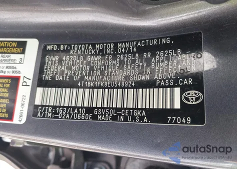 2014 Toyota Camry Xle V6 из США, поврежденный, VIN 4T1BK1FK8EU548924